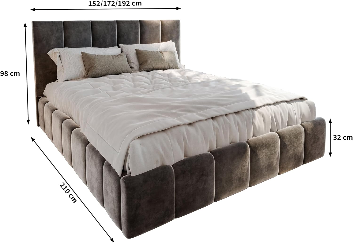 Masseno Polsterbett TARANTO 180x200 cm, Doppelbett, Bettkasten, Stauraum, Lattenrost Und Kopfteil - Hellgrau, Monolith 84