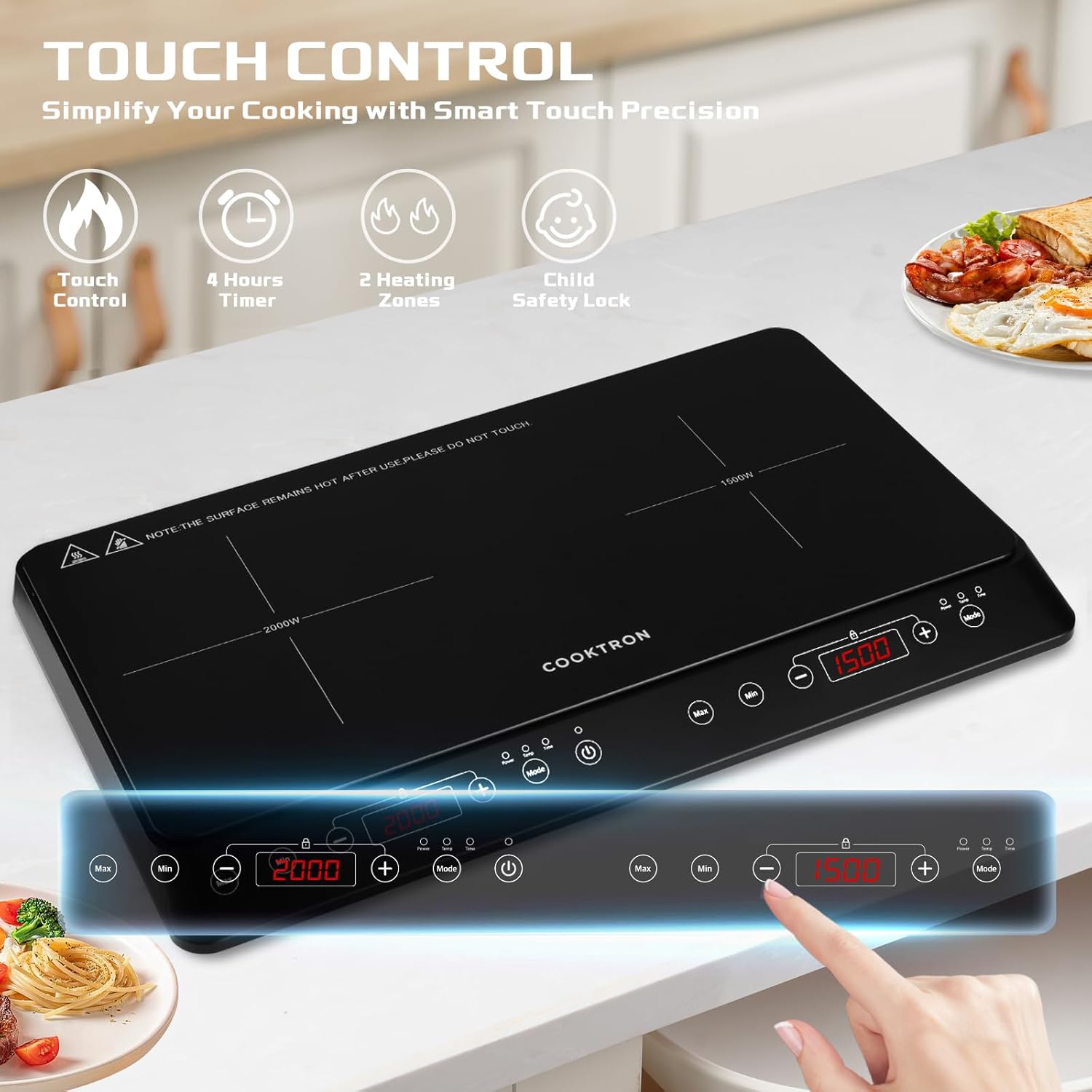 Induktionskochfeld 2 Platten Mobil, 3500W Doppel-Induktionskochplatte mit 6 Leistungsstufen, 10 Temperaturstufen, 3-Stunden-Timer, Touch-Steuerung, Ideal für Camping und Küche, Schwarz