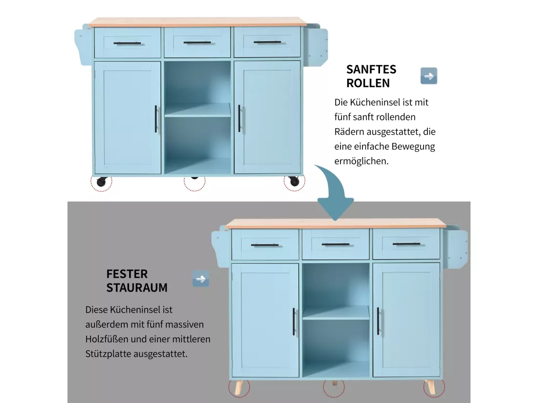 Ilot central de cuisine mobile avec 2 portes et 3 tiroirs - plateau extensible - 129x46/71x91,5 cm - Bois MDF + métal - Bleu + naturel