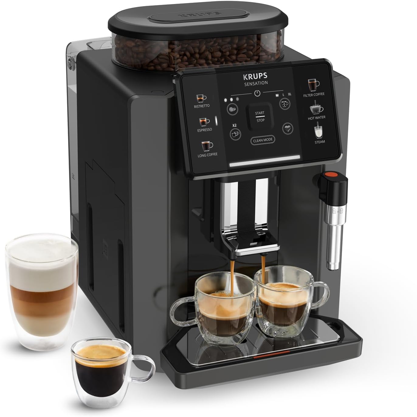 Krups Sensation Kaffeevollautomat mit Milchschaumdüse, Kaffeemaschine für Espresso, Cappuccino & Latte Macchiato, gemacht für Bohnenkaffee & Filterkaffee, bis zu 5 Kaffeegetränke und 2-Tassen-Funktion