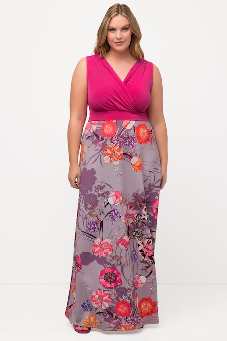 Jersey-Maxikleid, Blüten, V-Ausschnitt, ärmellos