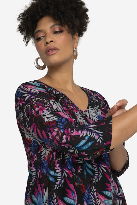 Kleid, A-Line, Alloverdruck, V-Ausschnitt, 3/4-Ärmel