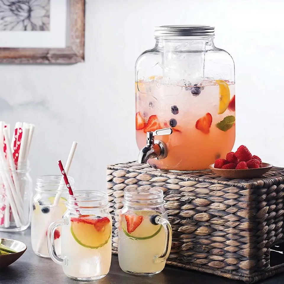 (4L) Glas Getränke Spender mit Zapfhahn Retro Einmachglas Dispenser für Limonade / Wasser / Fruchtsaft / Ice Tea