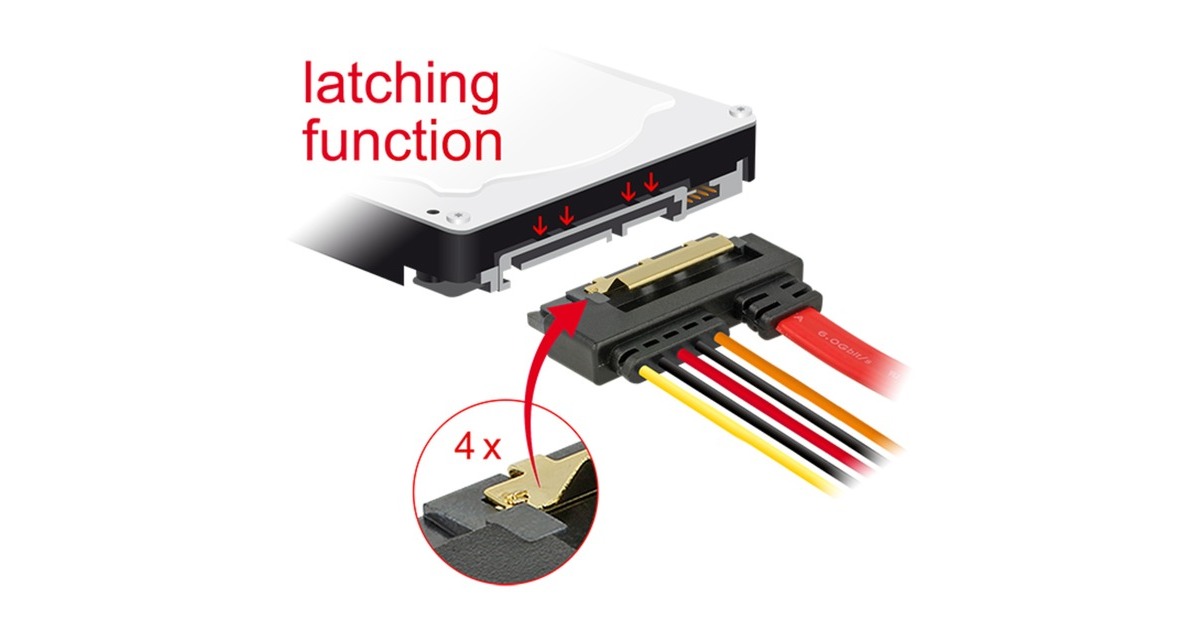 DeLOCKSATA 7 pin + Molex 4 pin power plug > SATA 22 pin haaks adapter  (Zwart/rood)