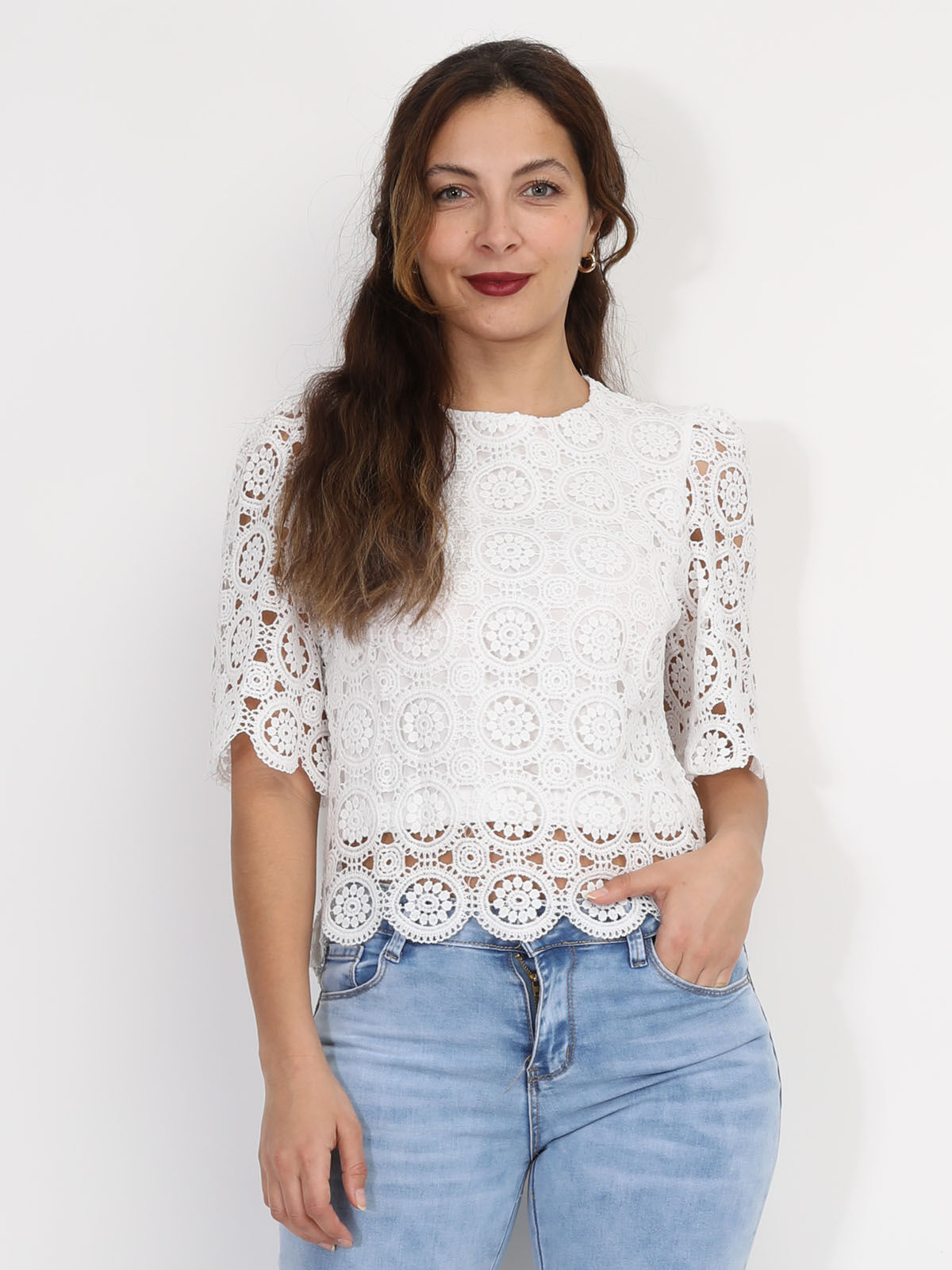 Top en dentelle crochet florale- Blanc