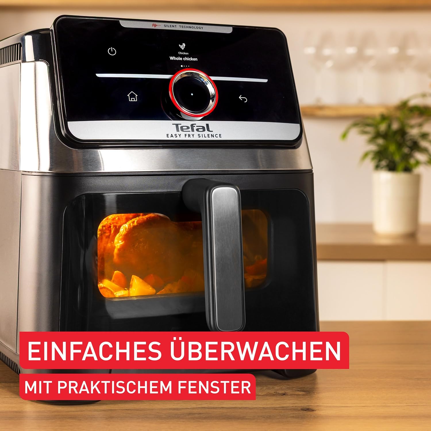 Tefal Easy Fry Silence Heißluftfritteuse, 7 L Fassungsvermögen, Silent-Technologie, Smart Assist System, bis zu 8 Portionen, abnehmbare Front mit Sichtfenster, Schwarz, EY876DE0