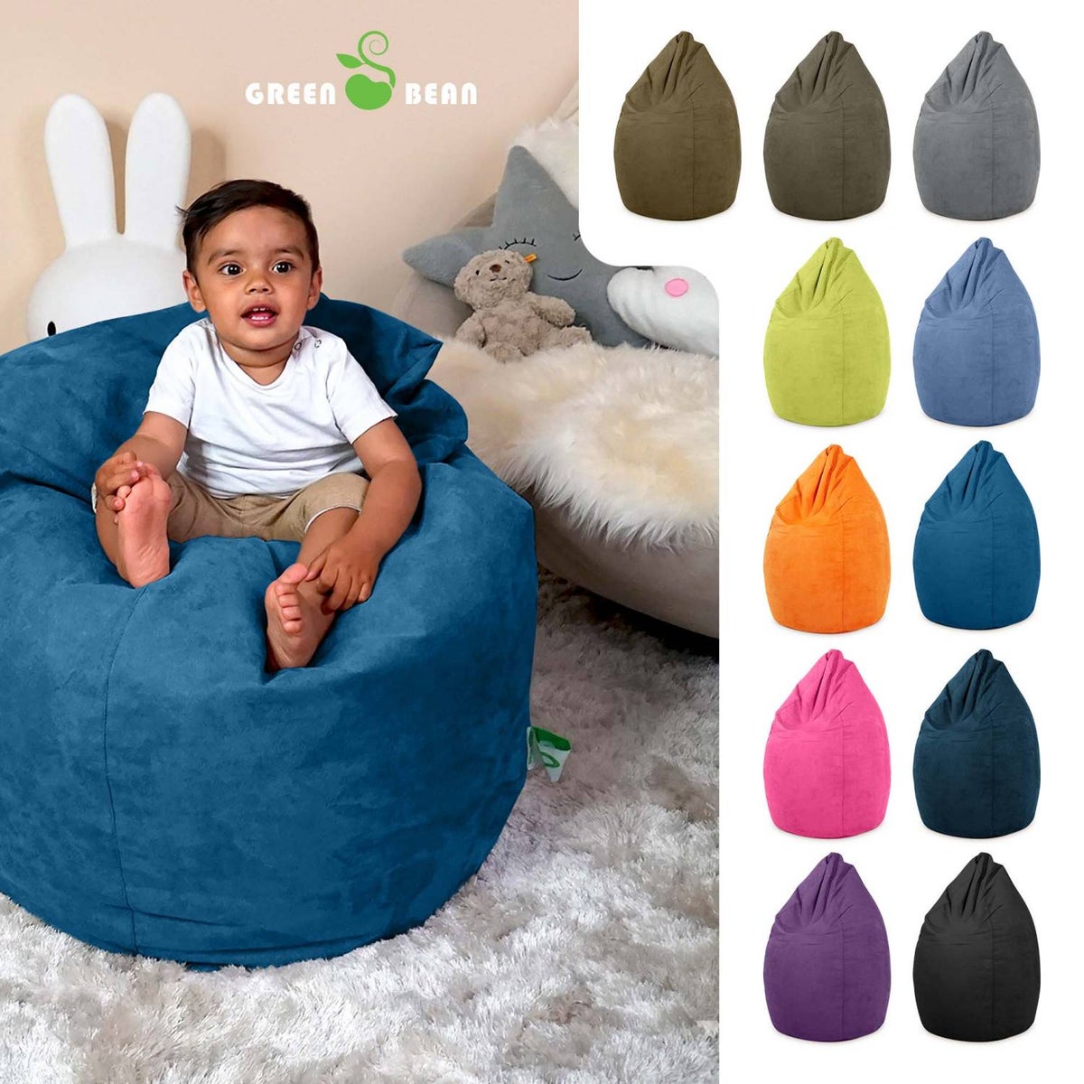 Green Bean Zitzak met rugleuning 60x60x90cm - Binnenzitkussen 220L vulling, comfortabel, wasbaar - Zitzak vloerkussen, loungestoel, voetenbank - blauw