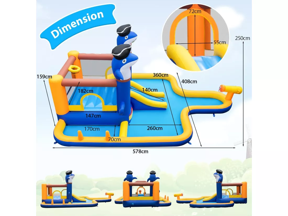 7 en 1 Château Gonflable en Forme Requin avec Toboggan & Jeu de Boxe, Aire de Jeux Gonflable avec Maison de Saut & Piscine, Charge 90kg pour 2 Enfants de 3-10 Ans, 578 x 408 x 250 CM