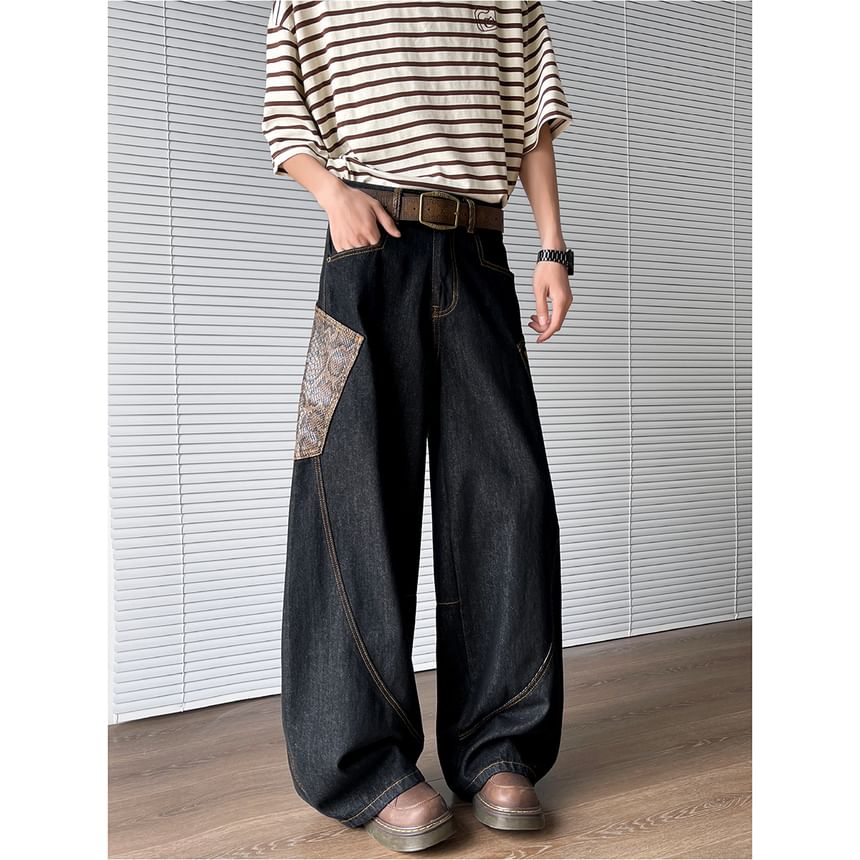 Filmas - Mid Rise Snakeskin Print Panel Washed Wide Leg Jeans