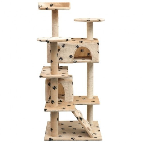 Arranhador bege para gatos com estampa de sisal e pegadas.