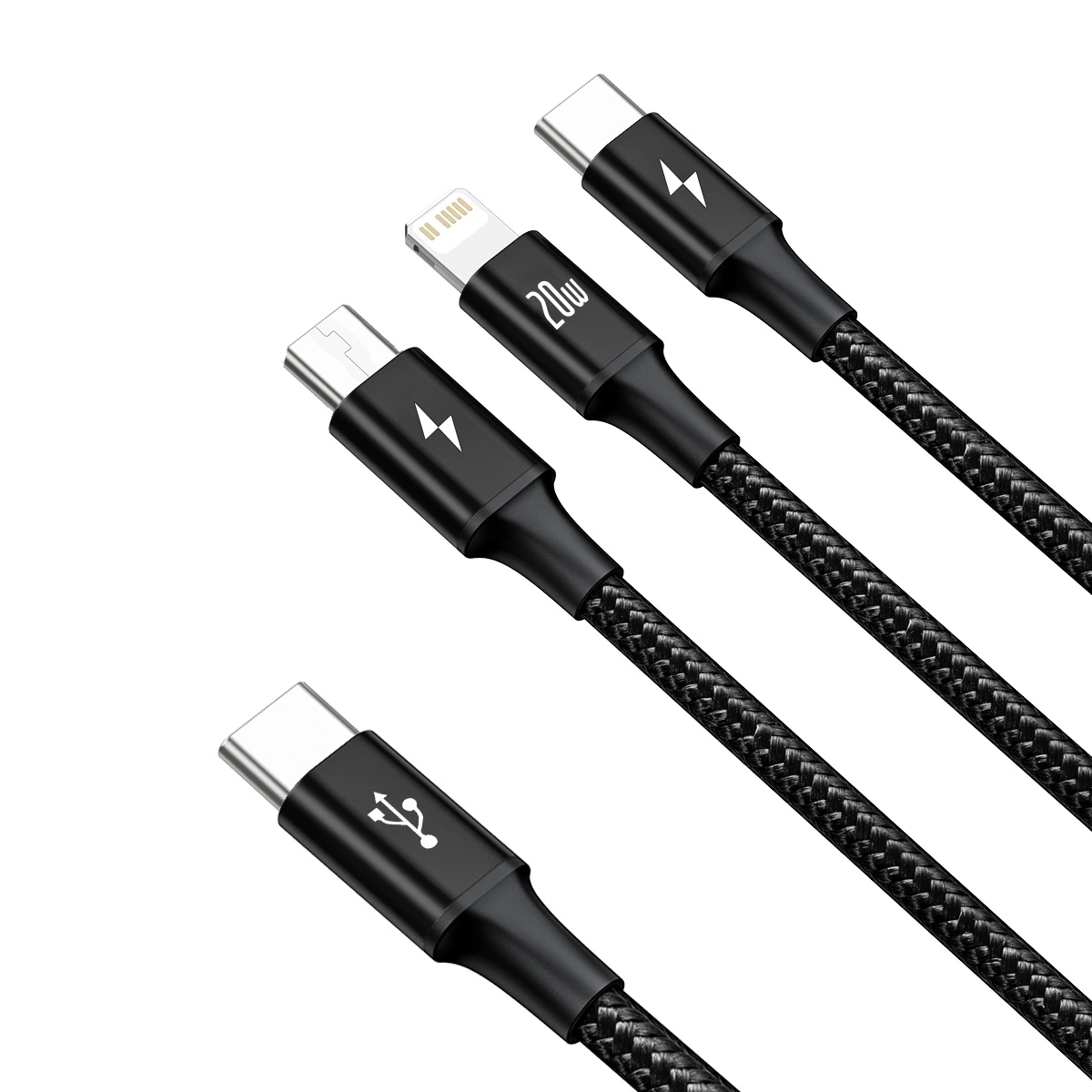 (1.5m) 3in1 USB C auf USB C / Lightning / Micro USB Nylon Ladekabel Datenkabel - Schwarz