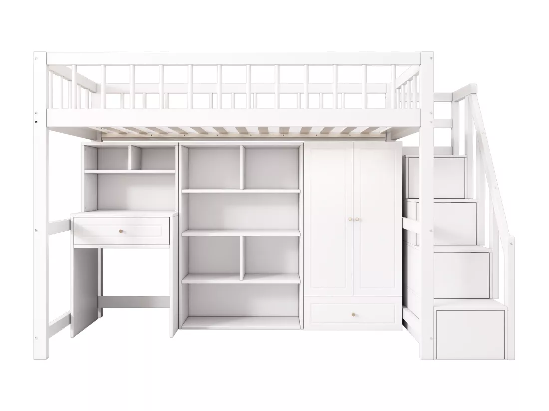 Lit mezzanine multifonctionnel en bois et MDF - 90x200 cm - avec escalier de rangement, bureau et armoire - Blanc(sans matelas)