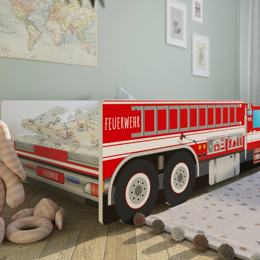 Kids Collective Autobett 80x160 cm Feuerwehr Spielbett Kinderbett mit Rausfallschutz und Lattenrost rot