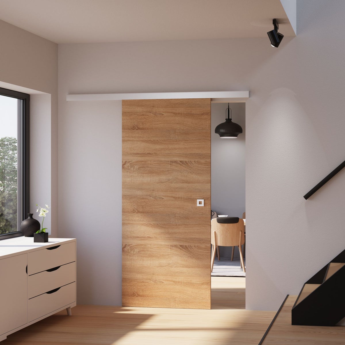 Schuifdeur, hout, wilde eik, 755x2035, binnendeur, houten deur, schuifdeursysteem - vierkante greep