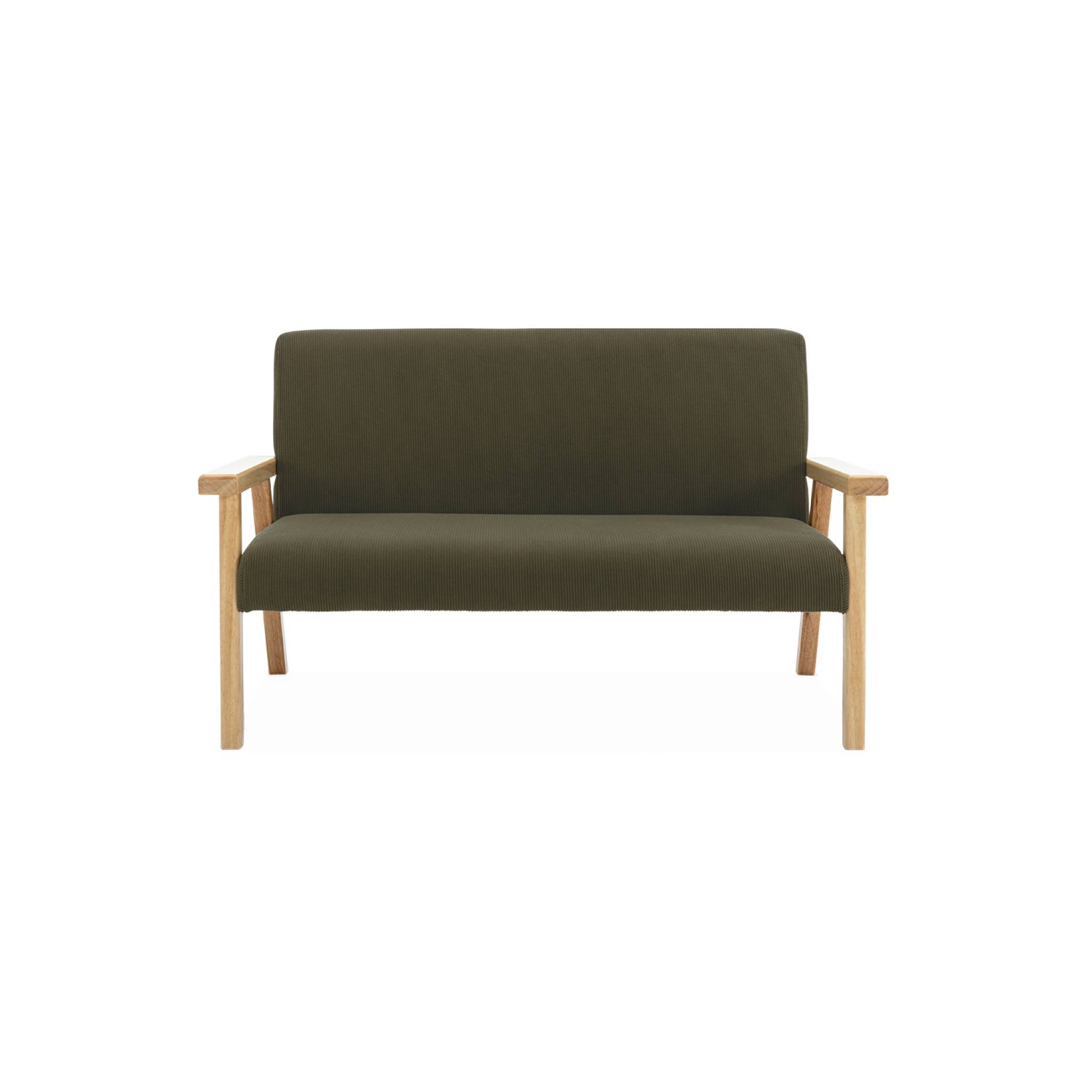 Banquette canapé enfant en bois et velours côtelé kaki. Isak. L 84 x p 43.5 x h 50cm