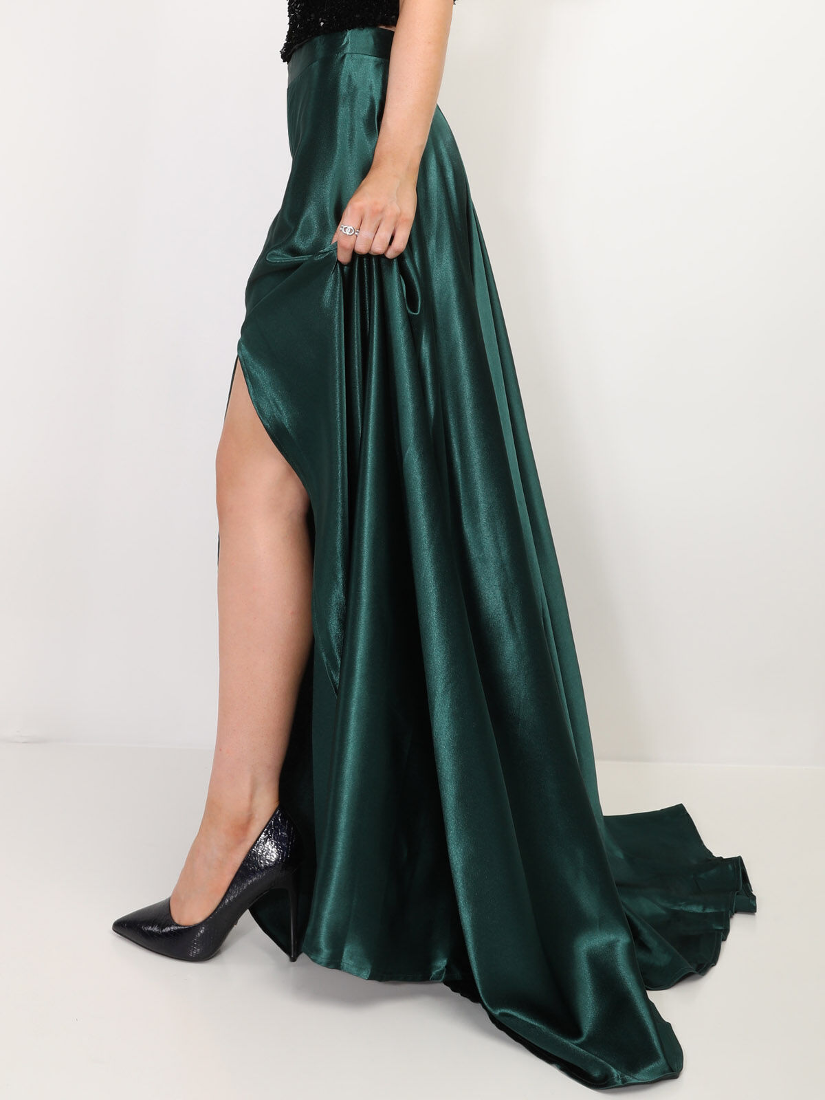 Jupe longue taille haute effet satiné- Vert foncé