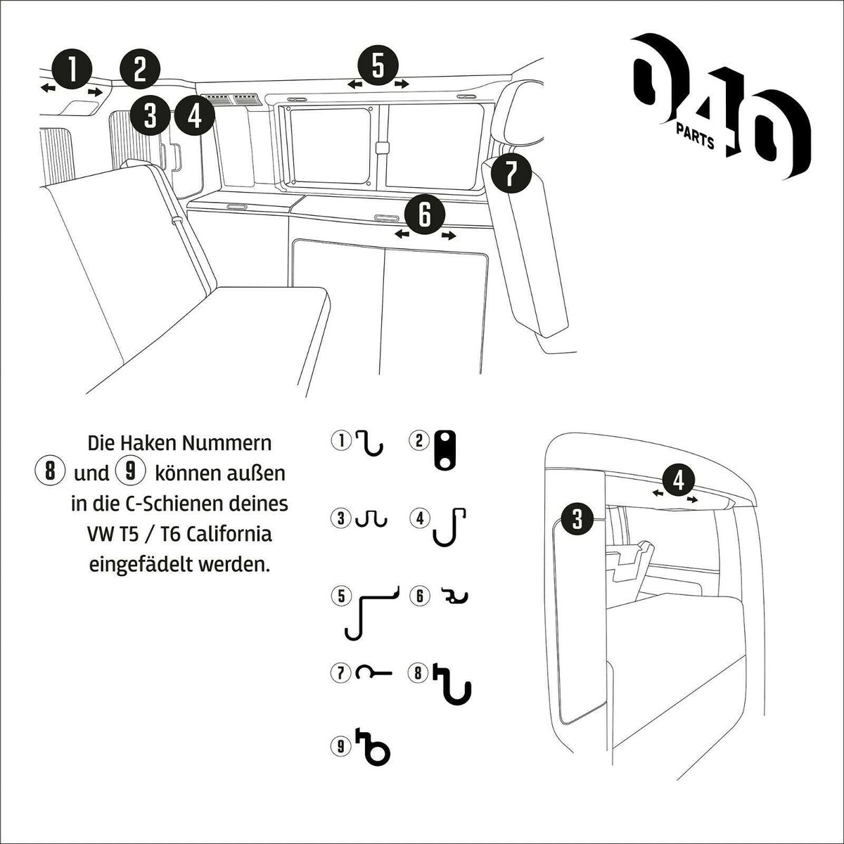 040Parts 10-delige hakenset - VW California T5 T6
