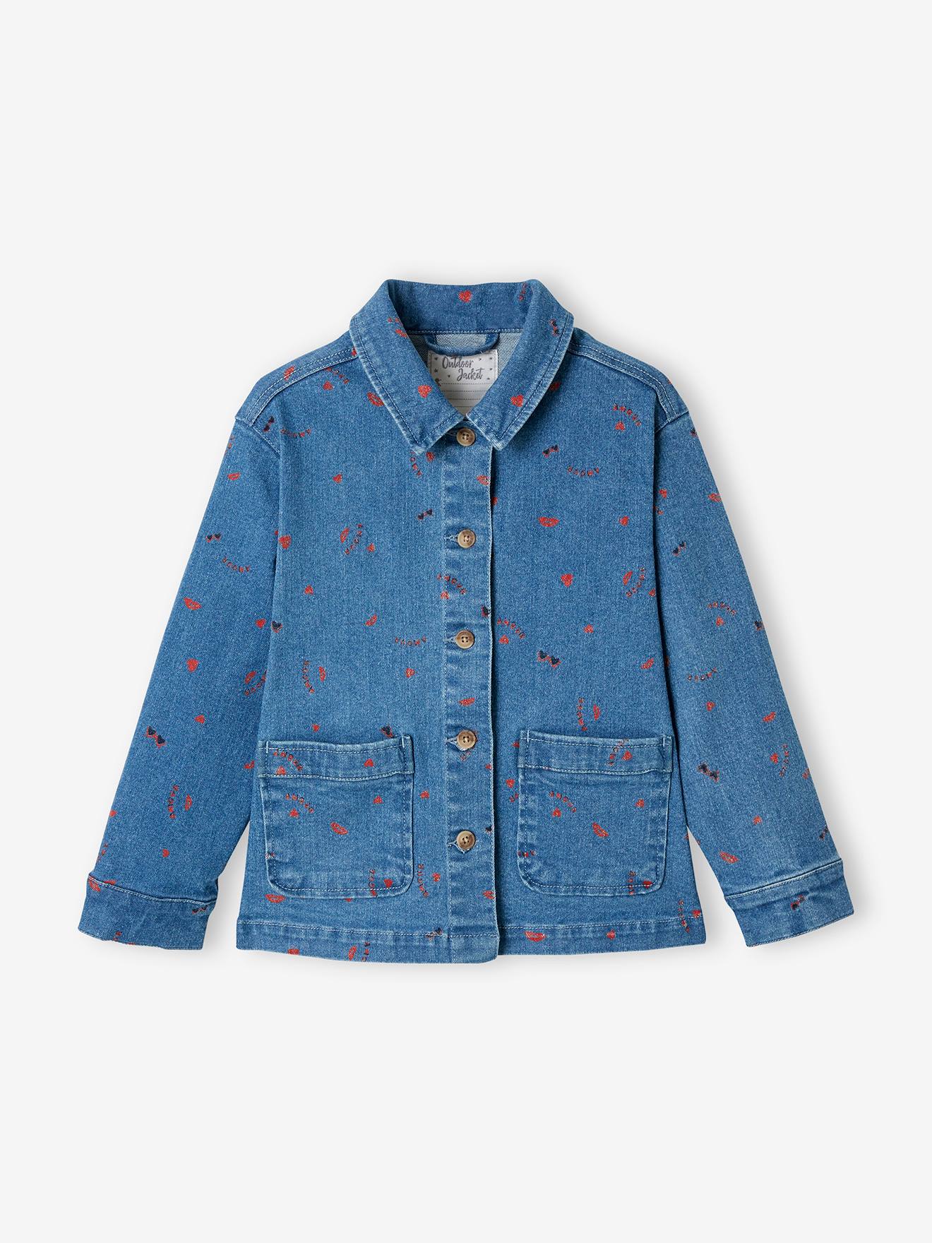 Jaqueta jeans operária, para meninas, tamanho médio, estampa rosa.
