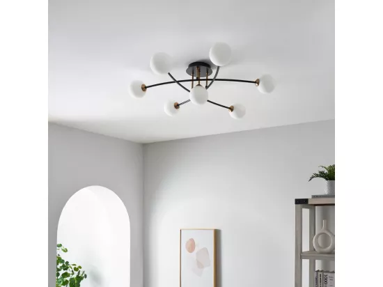 Plafonnier tendance métal noir et verre blanc - Estrela