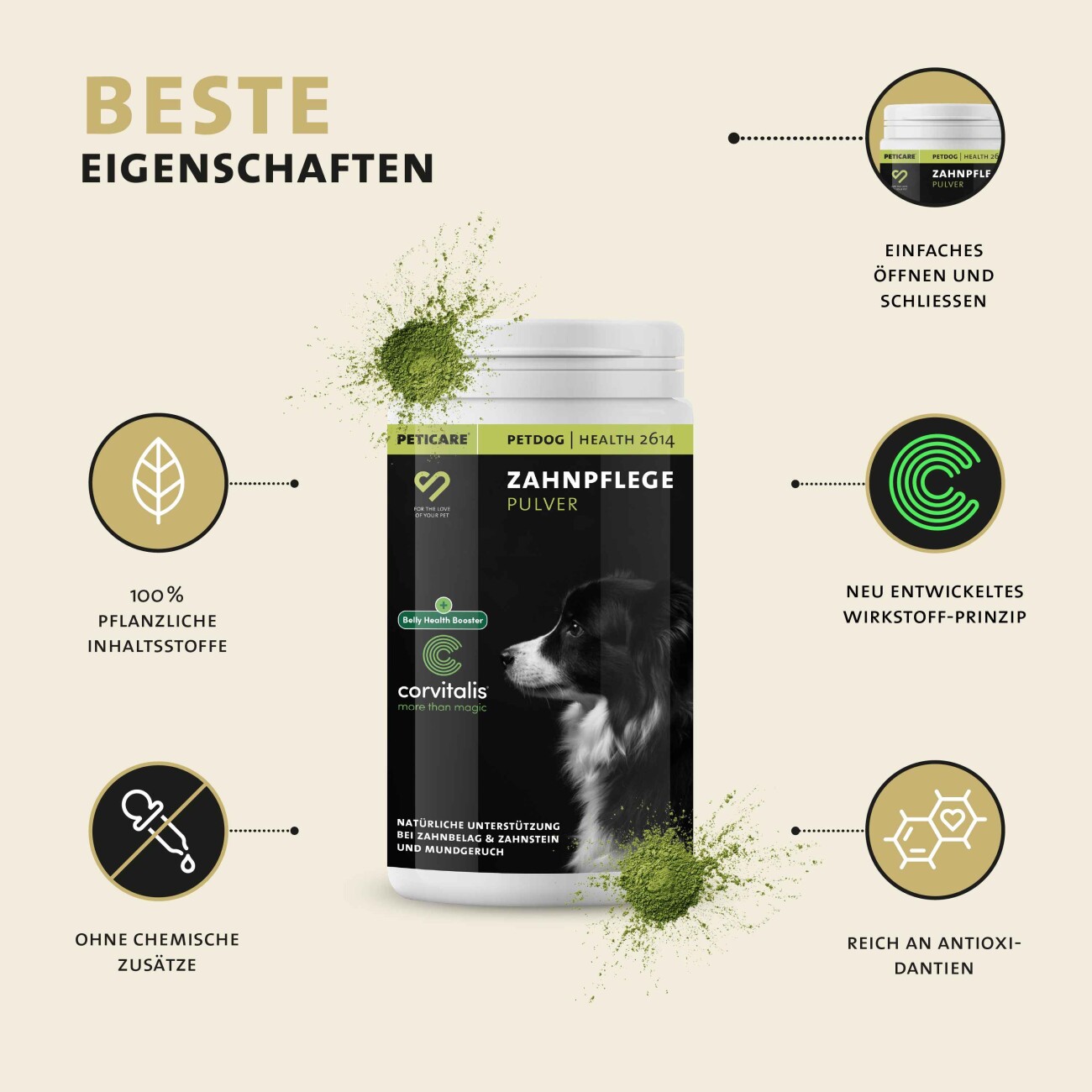Peticare Ergänzungsfutter Zahnpflege Pulver für Hunde 125g