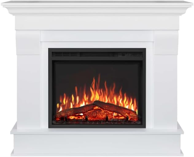 Elektrokamin Albion AF24, Elektrischer Standkamin mit Heizung 1800 W, realistischer 3D-Flammeneffekt, LED-Beleuchtung, Fernbedienung, Timer, Thermostat, Knistereffekt, MDF (Weiß)