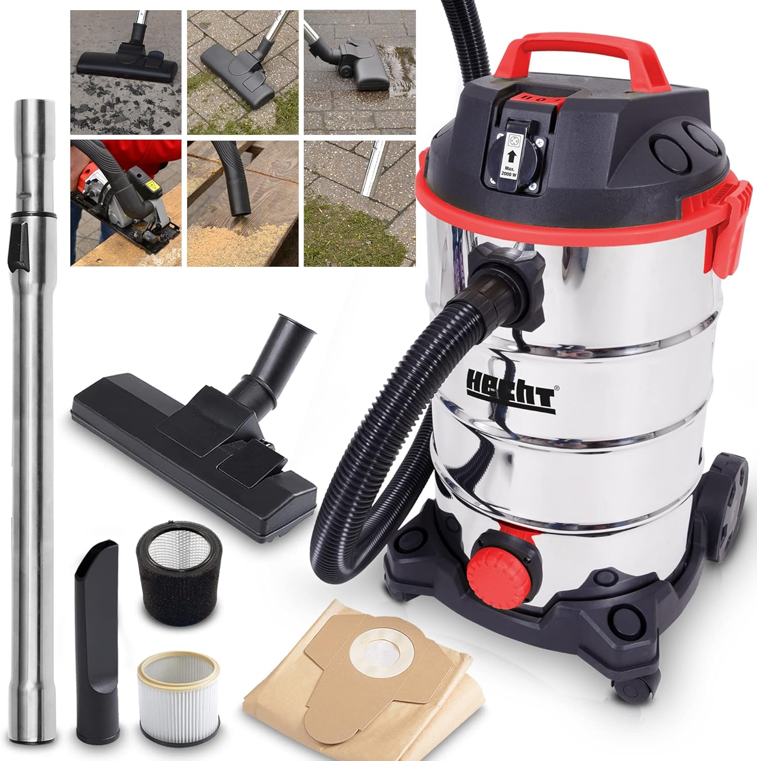 Hecht Nass und Trockensauger – starker Industriestaubsauger mit Steckdose – Einschaltautomatik – 35 Liter Behälter – Blasfunktion – umfangreiches Zubehör – mit & ohne Beutel - Nass Trockensauger