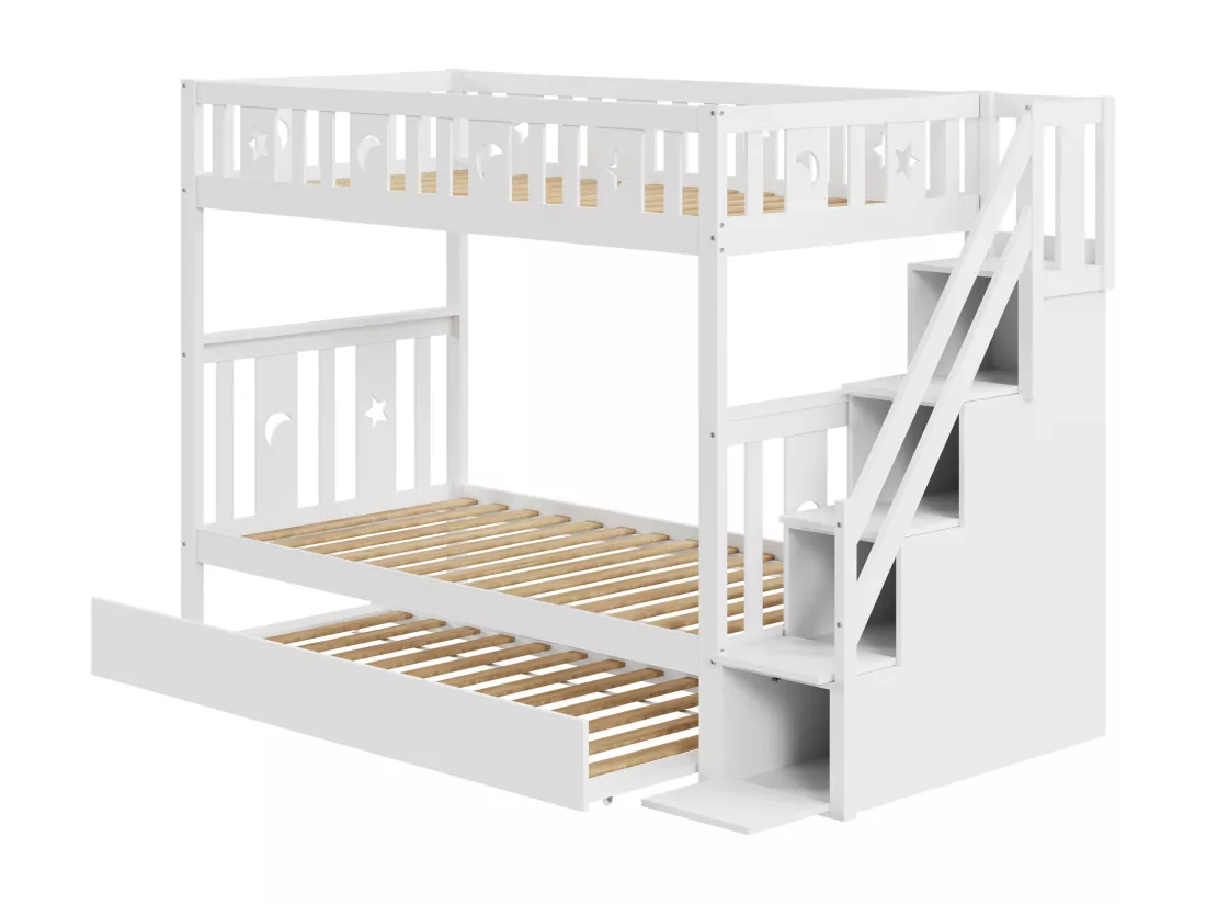 Lits superposés 2 x 90 x 200 cm avec lit gigogne 90 x 190 cm et 4 tiroirs - bois massif - coloris blanc