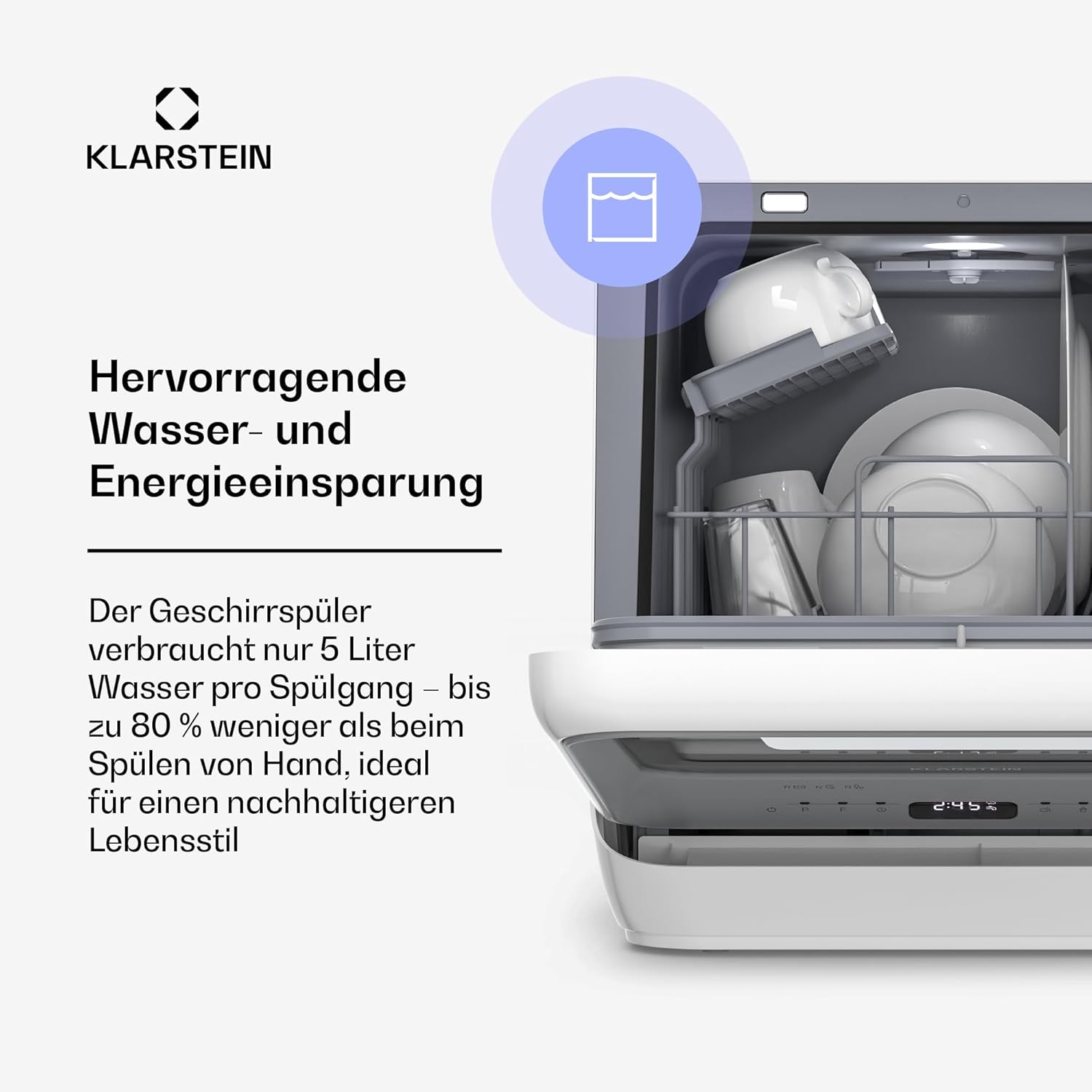 Klarstein Amazonia Mini Geschirrspüler – Kompakte Tischspülmaschine mit Wassertank, 7 Programme, 5L, Digitalanzeige, Leise 58dB, Energieeffizienzklasse D, Tragbar für kleine Küchen & Reisen, Silber