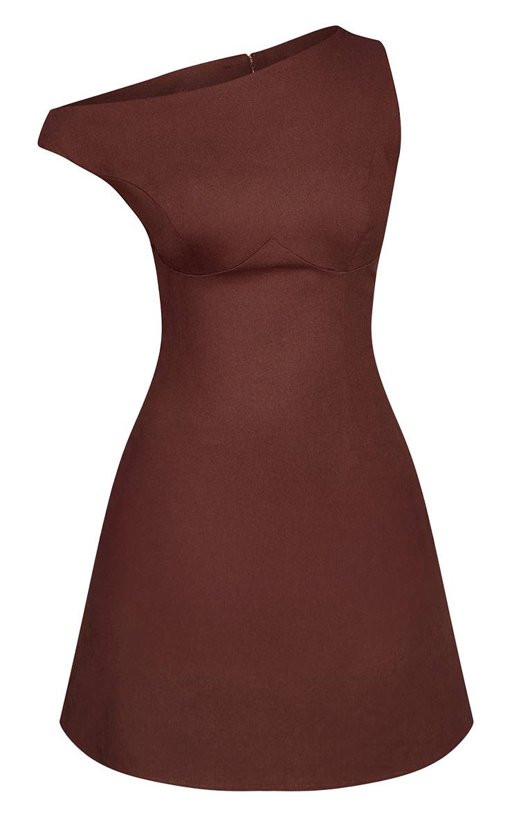 Chocolat Robe Courte Droite Asymétrique À Une Épaule Effet Lin Petite