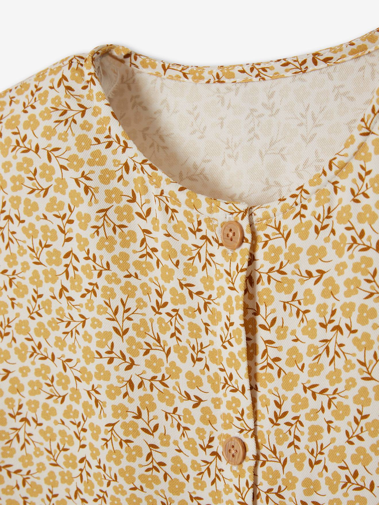 Vestido com botões e estampa floral, para meninas, na cor bege claro.