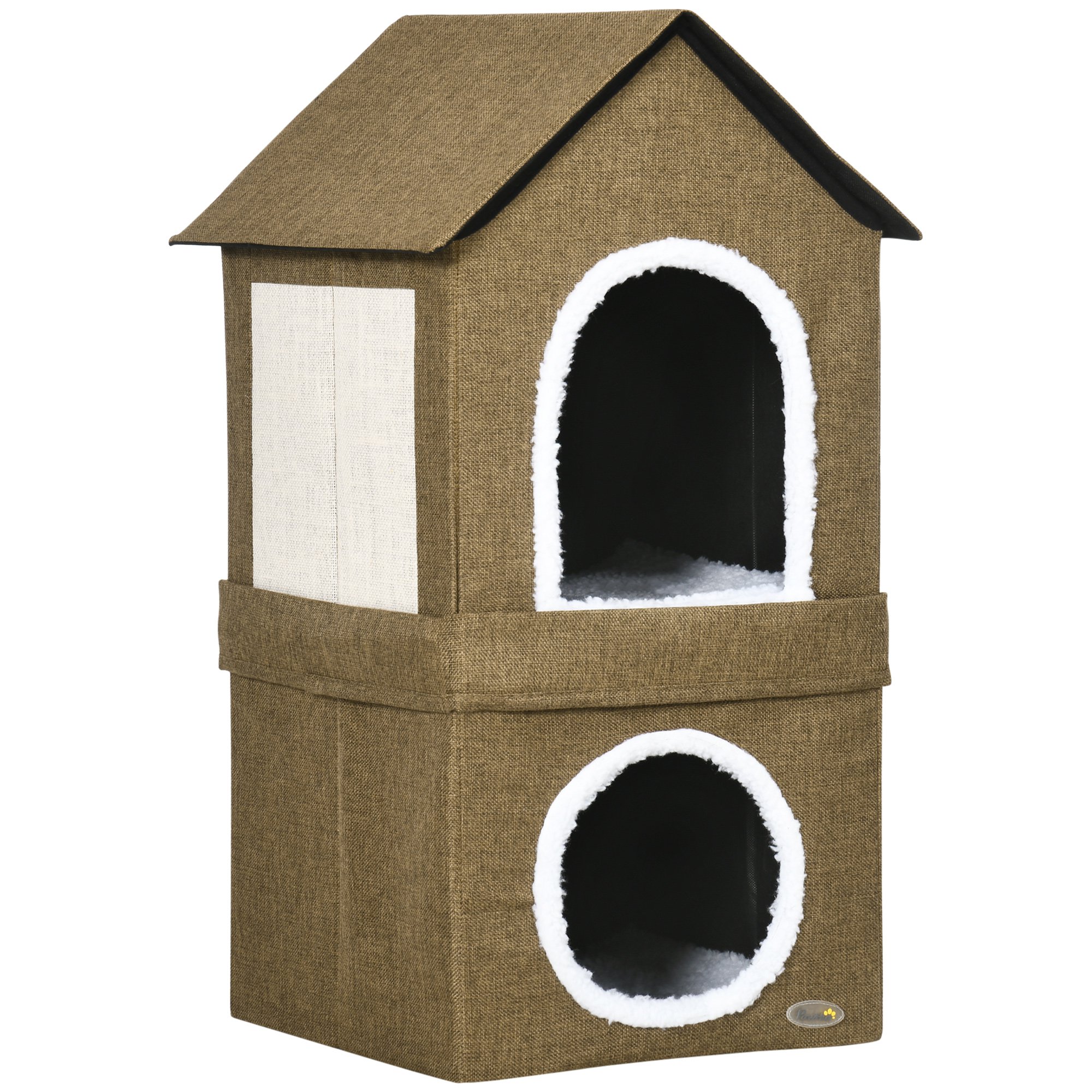 Casinha para gatos Pawhut de 2 níveis, tipo caverna, com 2 almofadas e arranhadores, pode ser usada junta ou separadamente, 40x41x75 cm, marrom.