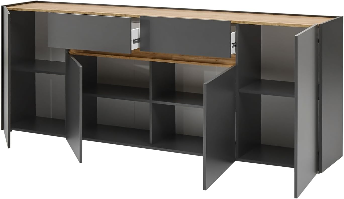 Sideboard Kommode in Eiche Wotan Holz und grau matt modern Wohnzimmer Esszimmer Schrank viel Stauraum 220 x 87cm Center (Kommode)