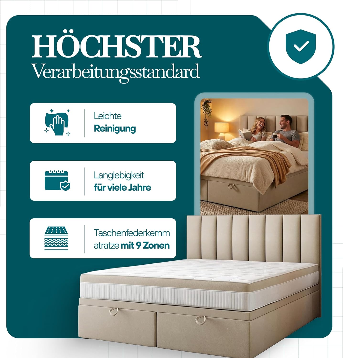 TRADA Boxspringbett Bond - Bett mit Matratze und Bettkasten - Boxspringbett mit gestepptes Kopfteil - Double Bed fur Schlafzimmer - Schwarz - 160 x 200 cm