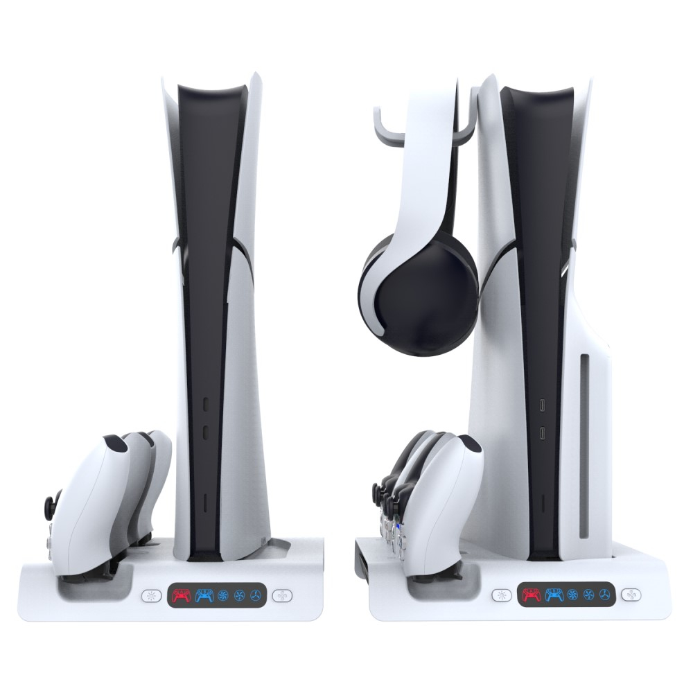 Sony PlayStation PS5 Halterung mit Lüfter und Controller Dual Ladestation   3x USB A / 1x USB C   Headset Halterung und RGB LEDs - Weiss