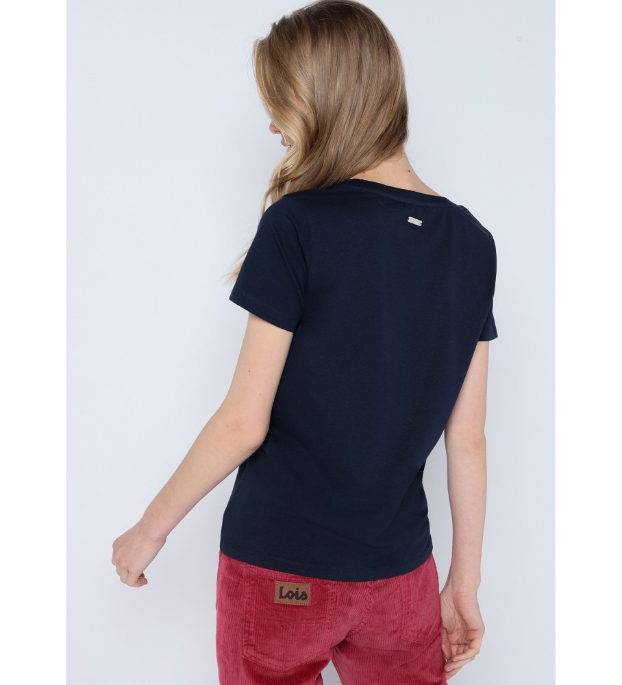 Camiseta Lois de manga curta com estampa floral e logo azul-marinho.