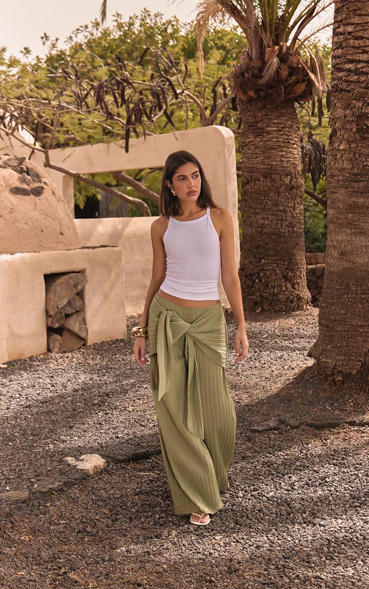 Sage Khaki Pantalon Texturé Tissé À Nouer Avec Effet Cache-cœur