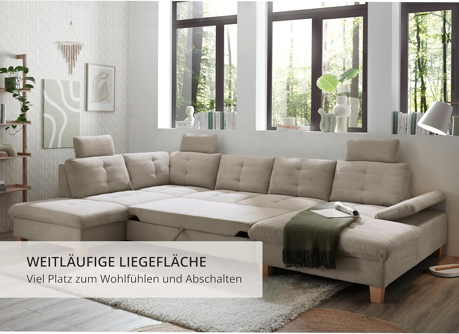 Wohnlandschaft Ascot mit Cord-Bezug und Schlaffunktion in Hellbraun, U-Form inkl. Kopfstützen, Bettkasten und Verstellbarer Armlehne - 324 x 107 x 218 cm (B/H/T)