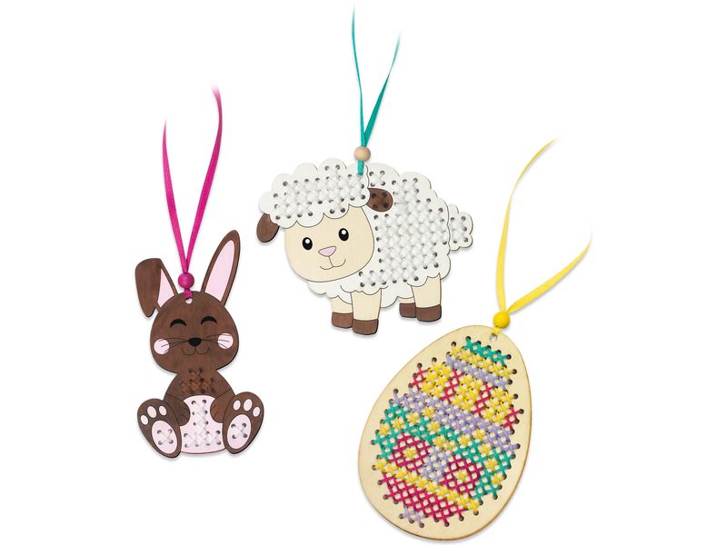 URSUS Bastelset Kreuzstich-Holzanhänger Ostern 3 Stück, Meh Set mit Materialien zum Basteln von drei Holzanhängern