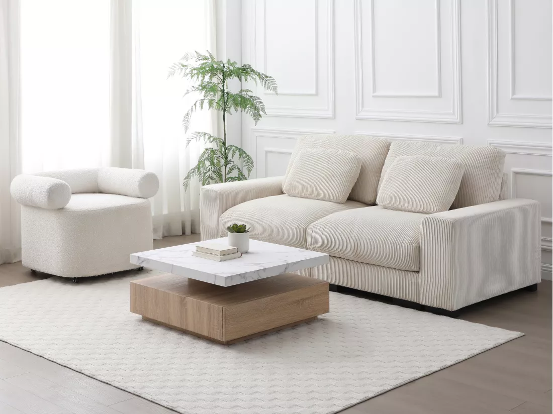 Table basse pivotante avec 1 tiroir en MDF - Effet marbre blanc et Naturel - KYRIA