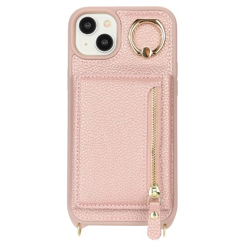 iPhone 14 / iPhone 13 Necklace Leder Hülle mit Münzfach und Kartenfächer   Finger Griff Halterung   Handykette - Roségold