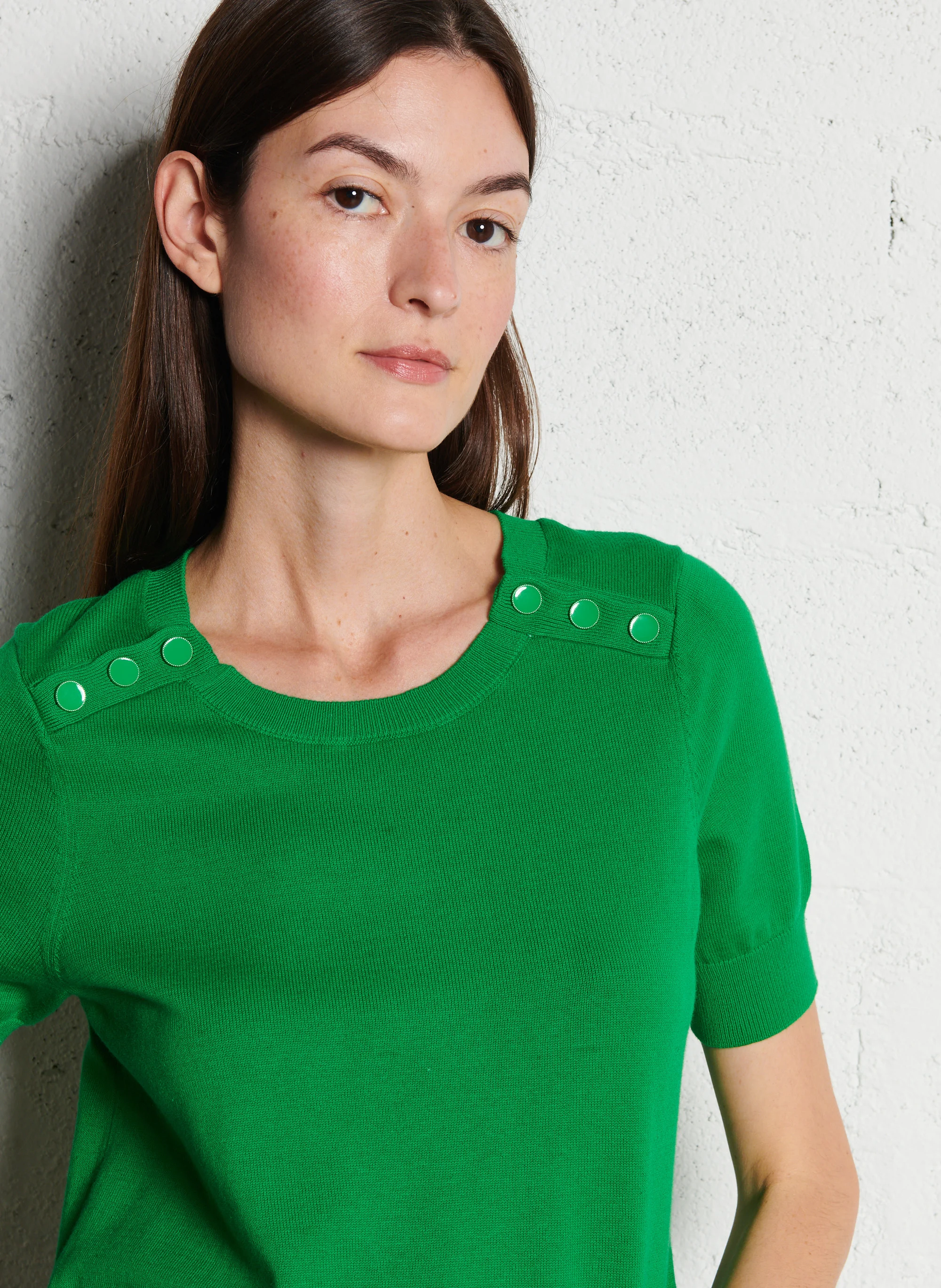 MAYA - Pull droit manches courtes en coton| Vert