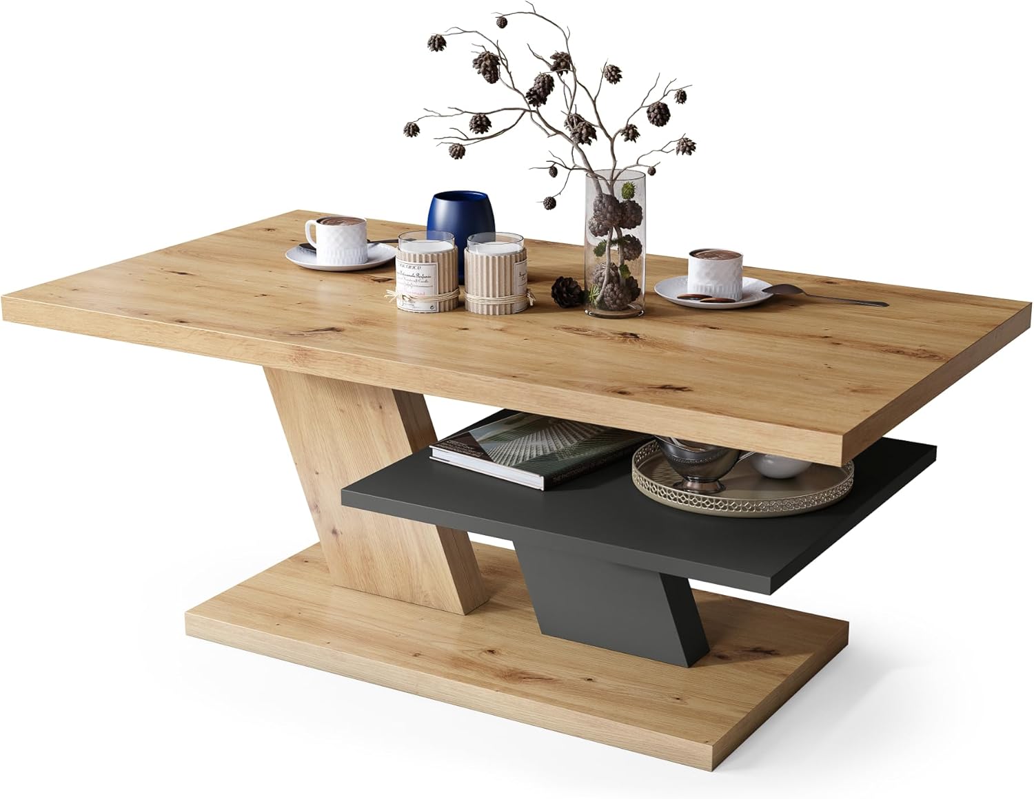 All4All Couchtisch Conte - Kaffeetisch - Wohnzimmertisch – Sofatisch mit Ablage - kompakte Größe - Sofatisch - 110x60cm - 05 - Artisan Eiche + anthrazit