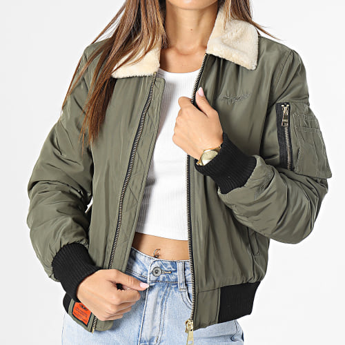 Bomber Femme Col Mouton Barcelone Vert Kaki