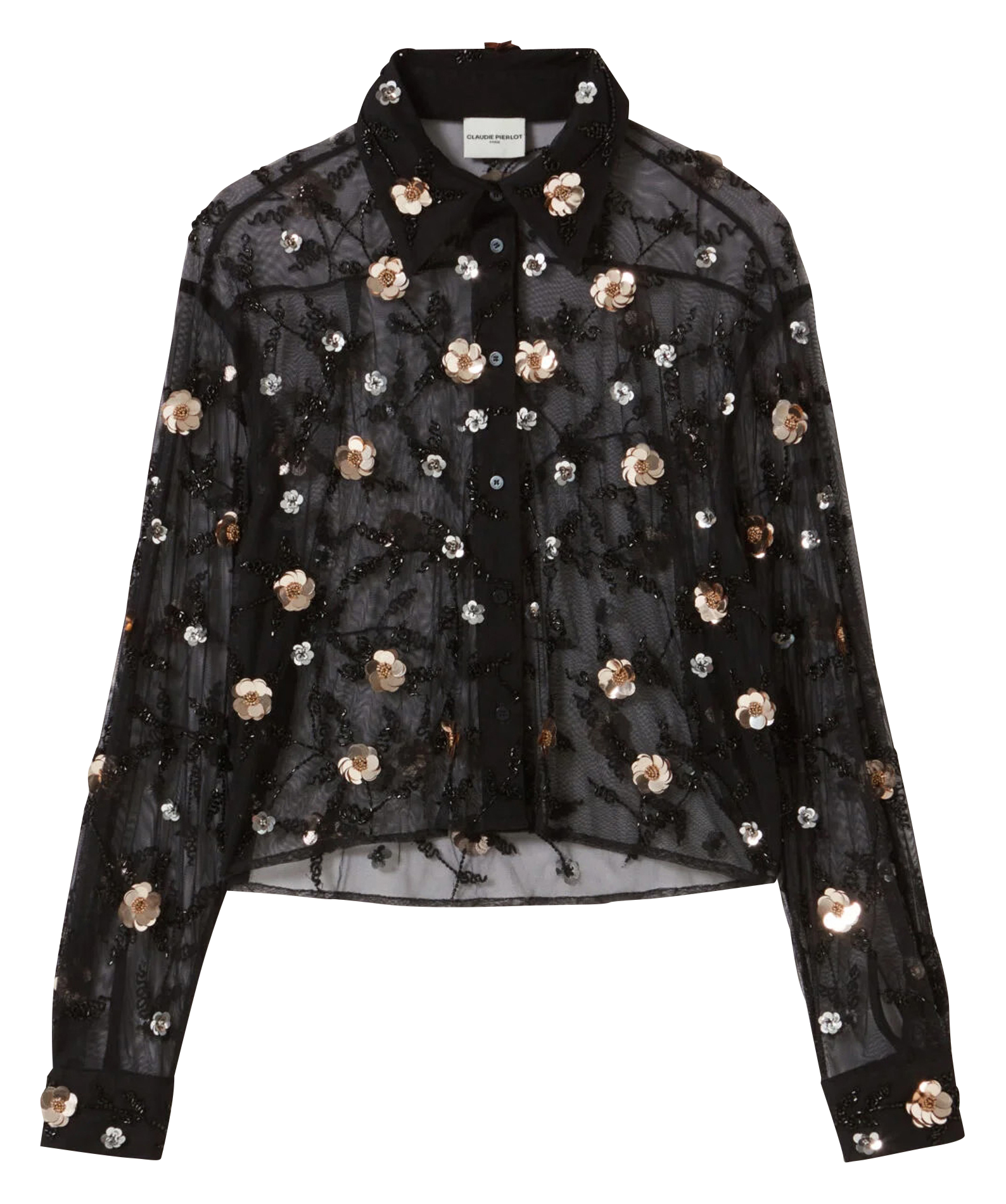 Chemise droite transparente brodée | Noir