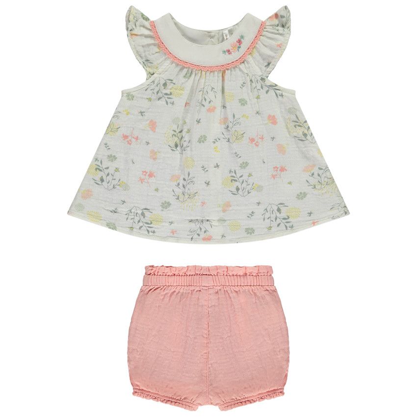 Ensemble 2 pièces tunique imprimée + bloomer pour bébé fille - Ecru
