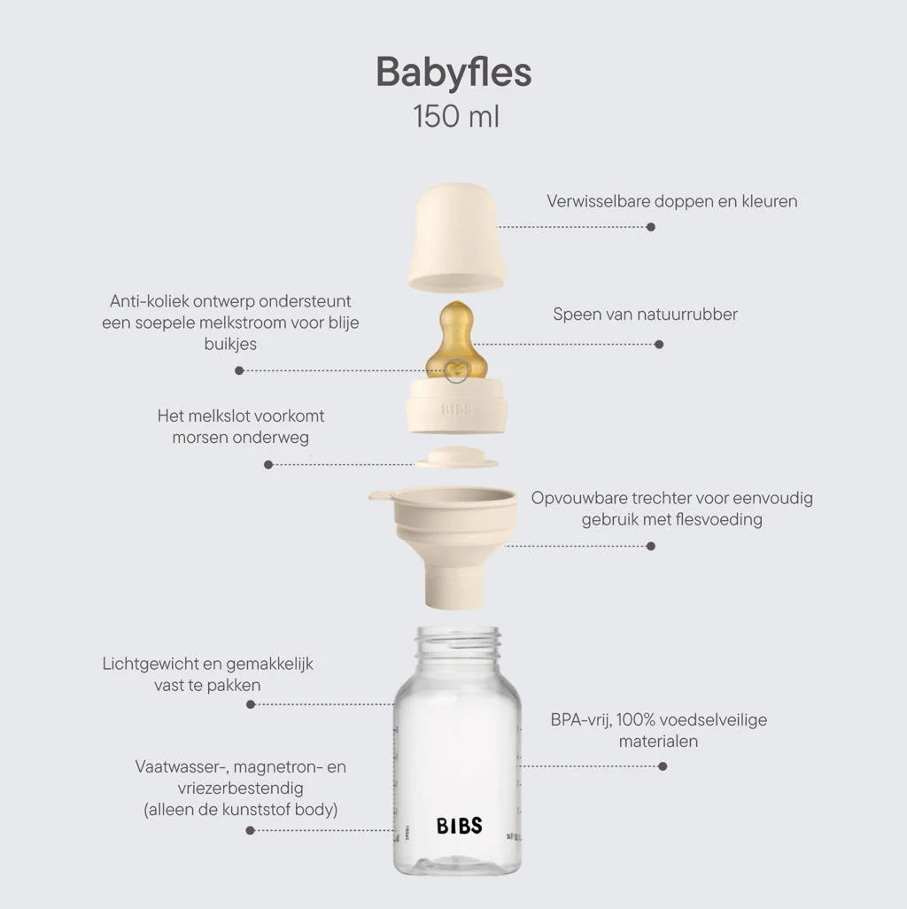 BIBS Babyfles 150 ml - Ivory - met latex speen en opvouwbare trechtertje