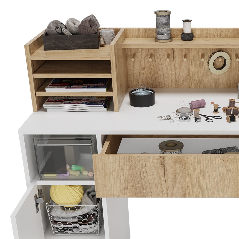Vicco Schreibtisch Basteltisch XL 126,8 x 100 cm, Weiß Sonoma mit Regale, Schubfach