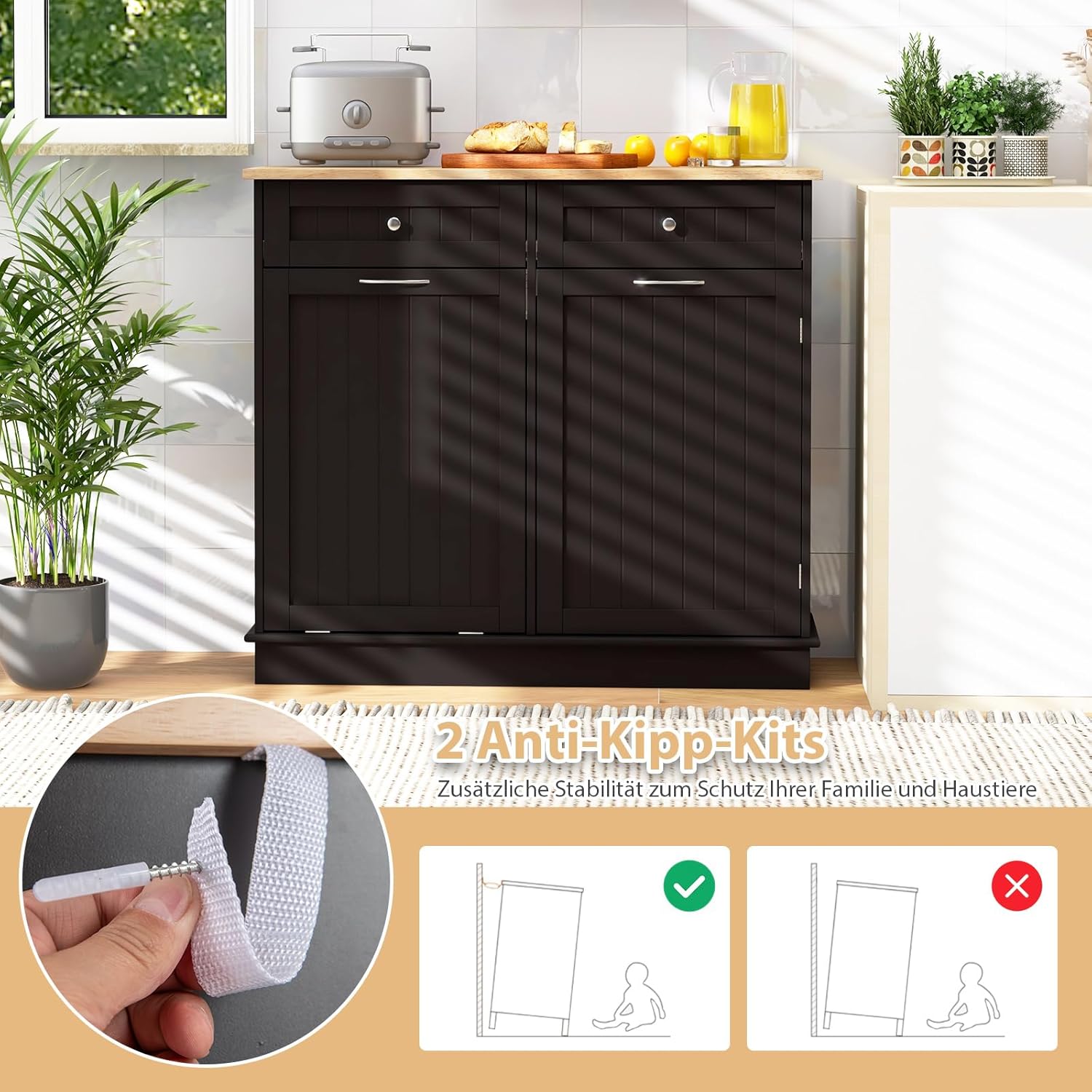 COSTWAY Kommode für Mülleimer 42L, Küchenschrank mit großer Arbeitplatte & 2 Schubladen & verstellbarem Regal, Mülleimerschrank mit Mülleimerhalter, Schrank für Küche ohne Mülleimer (Braun)