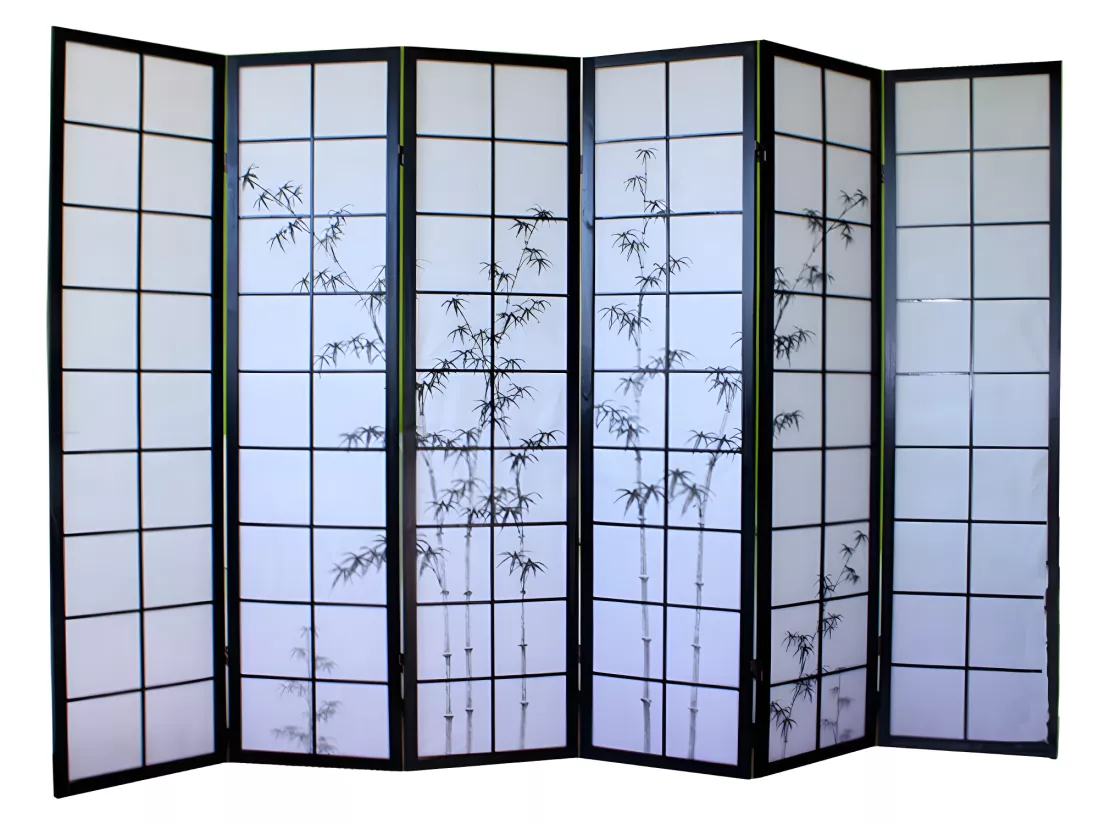 Paravent japonais en bois noir avec dessin bambou de 6 pans