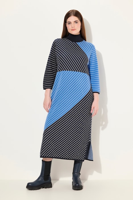 Strick-Midikleid, Stehkragen, 3/4-Arm, Biobaumwolle